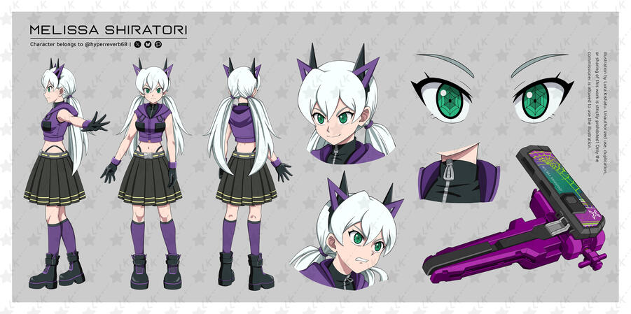 Example of one full body with multiple add-ons (Additional side and back view of full body, two headshots, eye, clothing and launcher close-ups.)