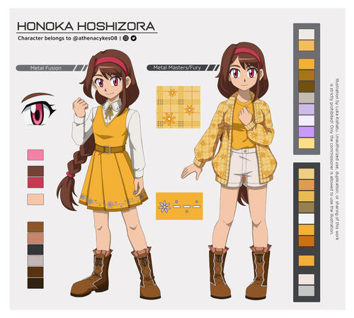 Example of one full body with multiple add-ons (Additional full body of different design, eye close-up, clothing pattern close-ups, and color palette).