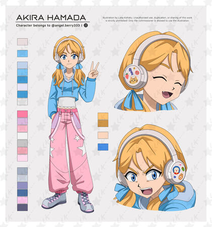 Example of one full body with two headshots and color palette.